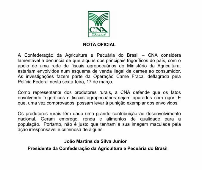 Nota Oficial sobre a Operação Carne Fraca