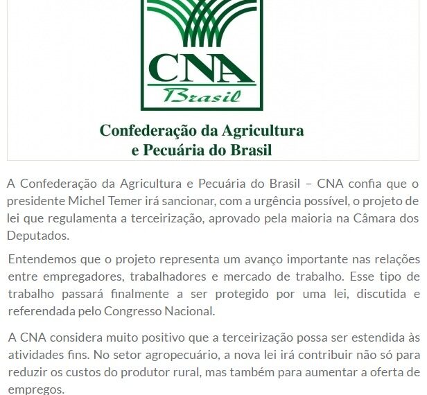 CNA emite NOTA OFICIAL sobre projeto de lei da terceirização