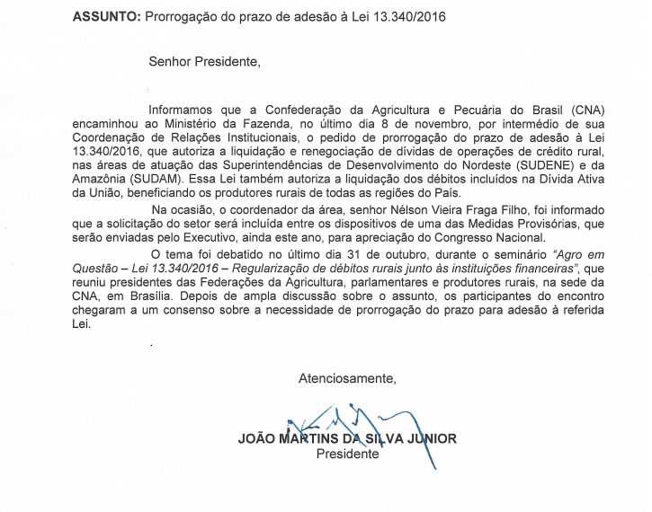 CNA pede prorrogação do prazo de adesão à Lei 13.340/2016