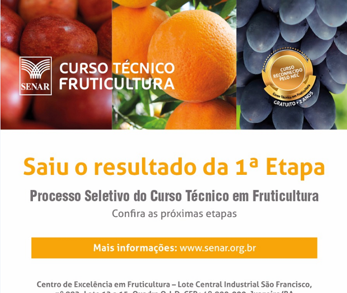 Senar divulga resultado da 1ª etapa do processo seletivo do Curso Técnico em Fruticultura
