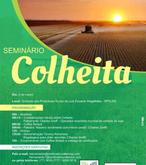 Sindicato dos Produtores Rurais de LEM realizará Seminário de Colheita no dia 02 de março