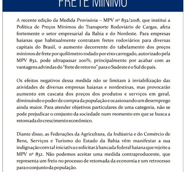 FAEB, FIEB e Fecomércio emitem manifesto contra MP do “Frete Minímo”