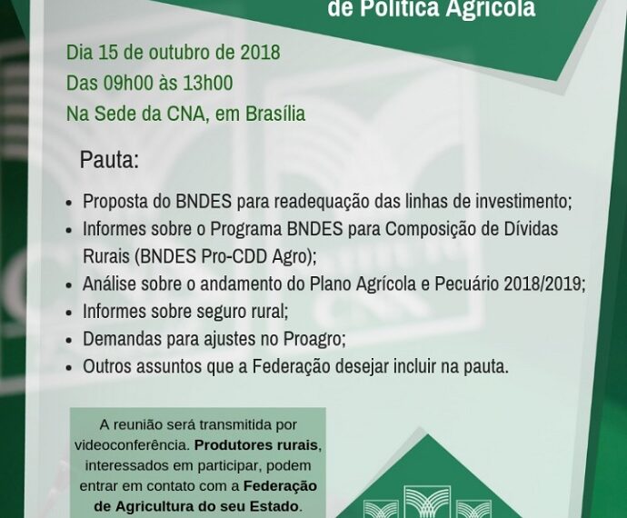 Reunião da Comissão Nacional de Política Agrícola da CNA será transmitida na sede do Sistema Faeb, em Salvador