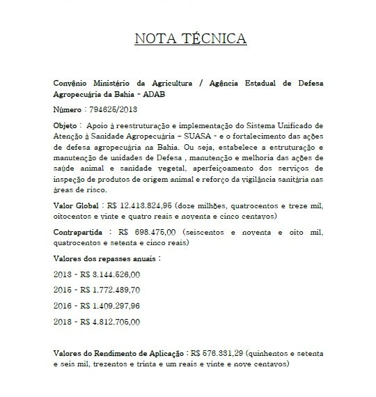 NOTA TÉCNICA – Convênio MAPA e ADAB