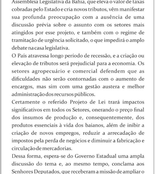 NOTA PÚBLICA sobre Projeto de Lei 23.700/2019 assinada pela FAEB em parceria com a FDCL, CDL, ACB e FECOMÉRCIO – BA