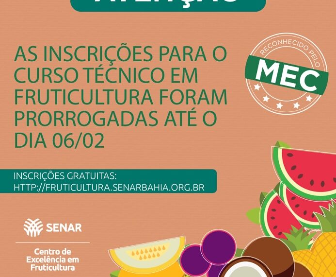 As inscrições para o curso gratuito de Técnico em Fruticultura foram prorrogadas até o dia 06/02