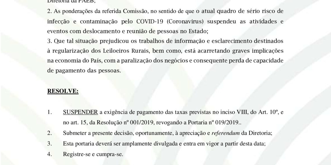 Covid 19: Portaria da FAEB suspende taxas de Leiloeiros Rurais