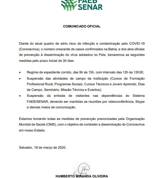 COMUNICADO OFICIAL SISTEMA FAEB/SENAR – COVID 19