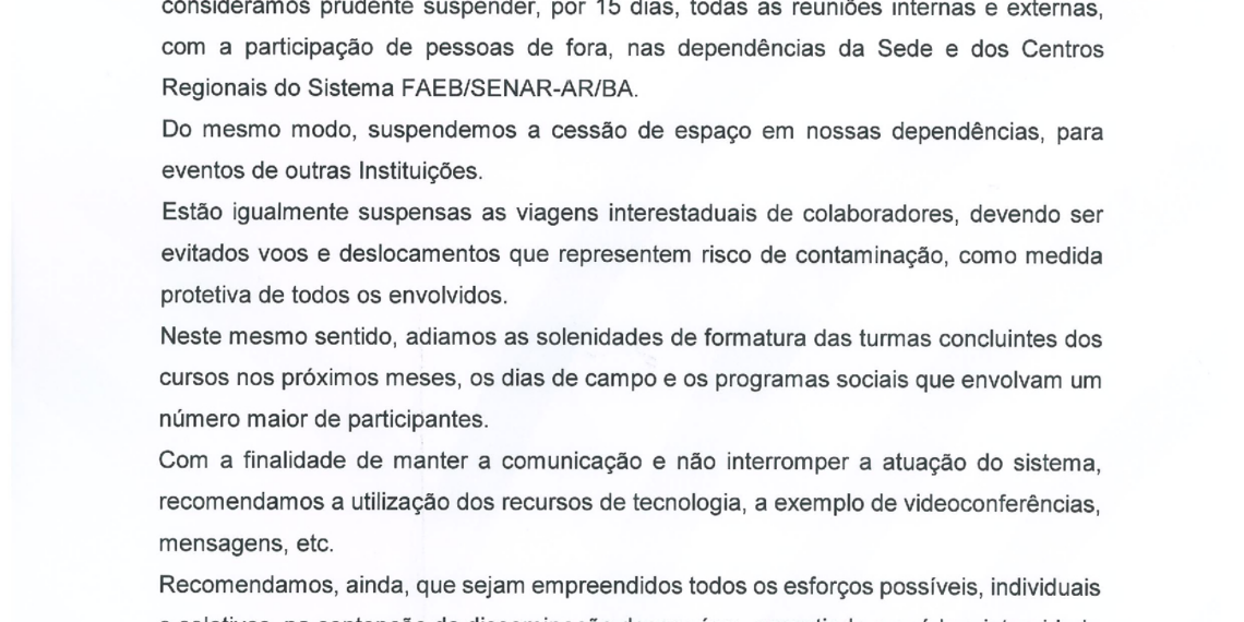 Covid 19: Medidas adotadas pela FAEB