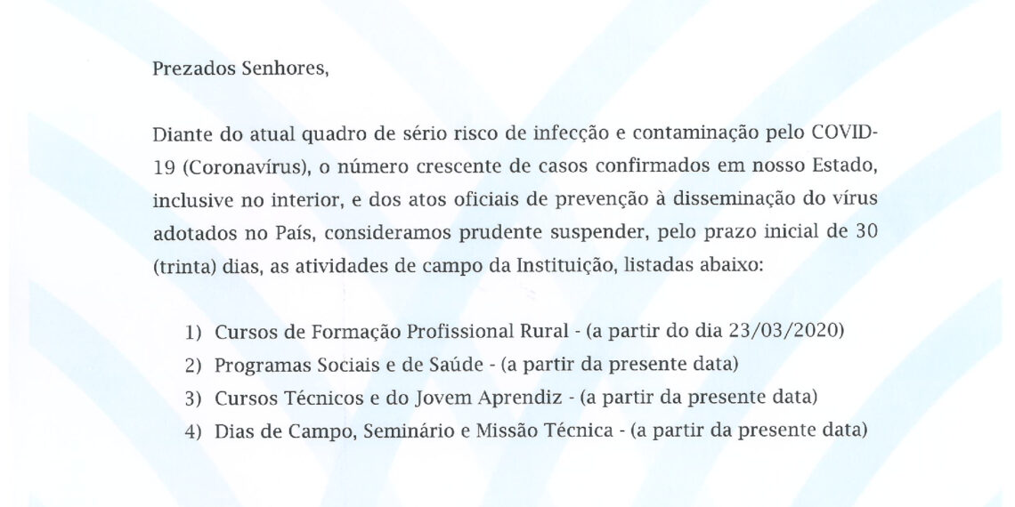 Covid 19: Suspensão temporária de atividades de campo