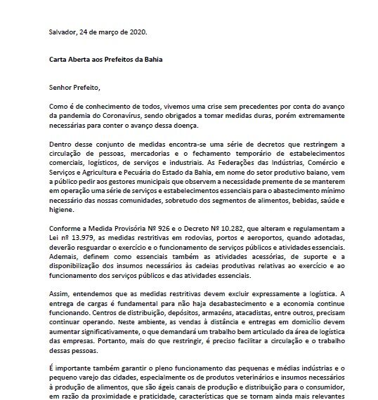 CARTA ABERTA PARA PREFEITOS BAIANOS – FAEB, FIEB e FECOMÉRCIO