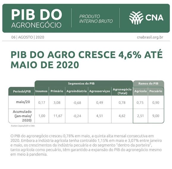 PIB do agronegócio cresce 4,62% de janeiro a maio de 2020