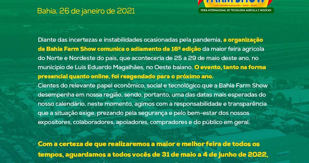 BAHIA FARM SHOW – reagendamento para 2022