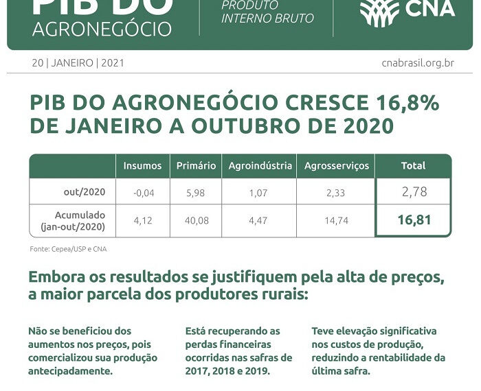 PIB do agronegócio cresce 16,81% de janeiro a outubro de 2020