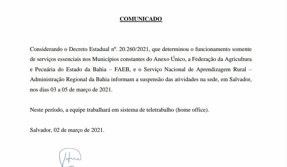 COMUNICADO SISTEMA FAEB SENAR