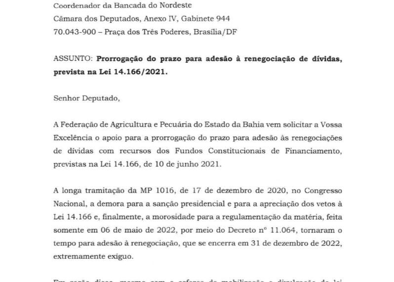Faeb pleiteia prorrogação do prazo de renegociação de dívidas de produtores rurais com FNE