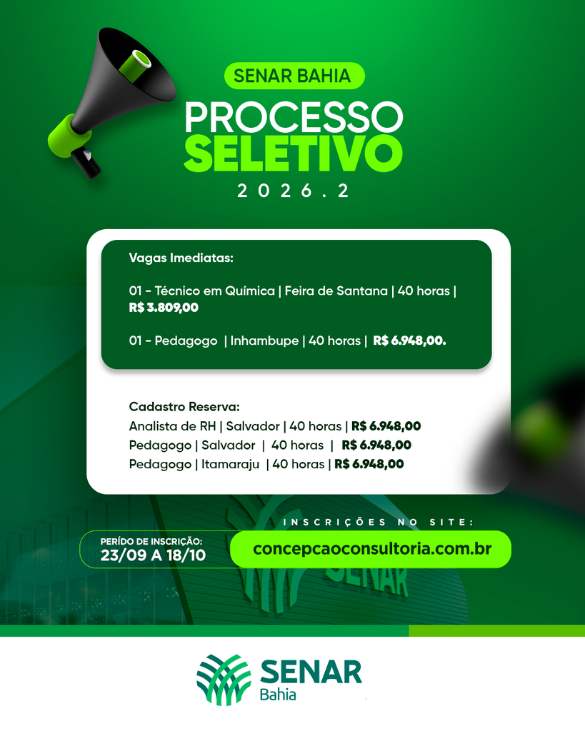 Senar Bahia abre inscrições para o Processo Seletivo 2026.2